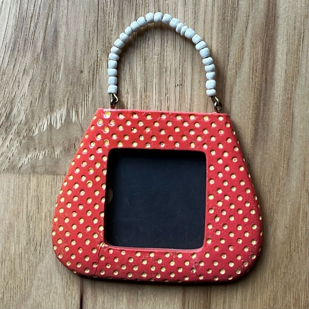 Mini Handbag Photo Frame Magnet 3-1/2"x4-1/2"x3/8" Orange w/ Yellow Dots